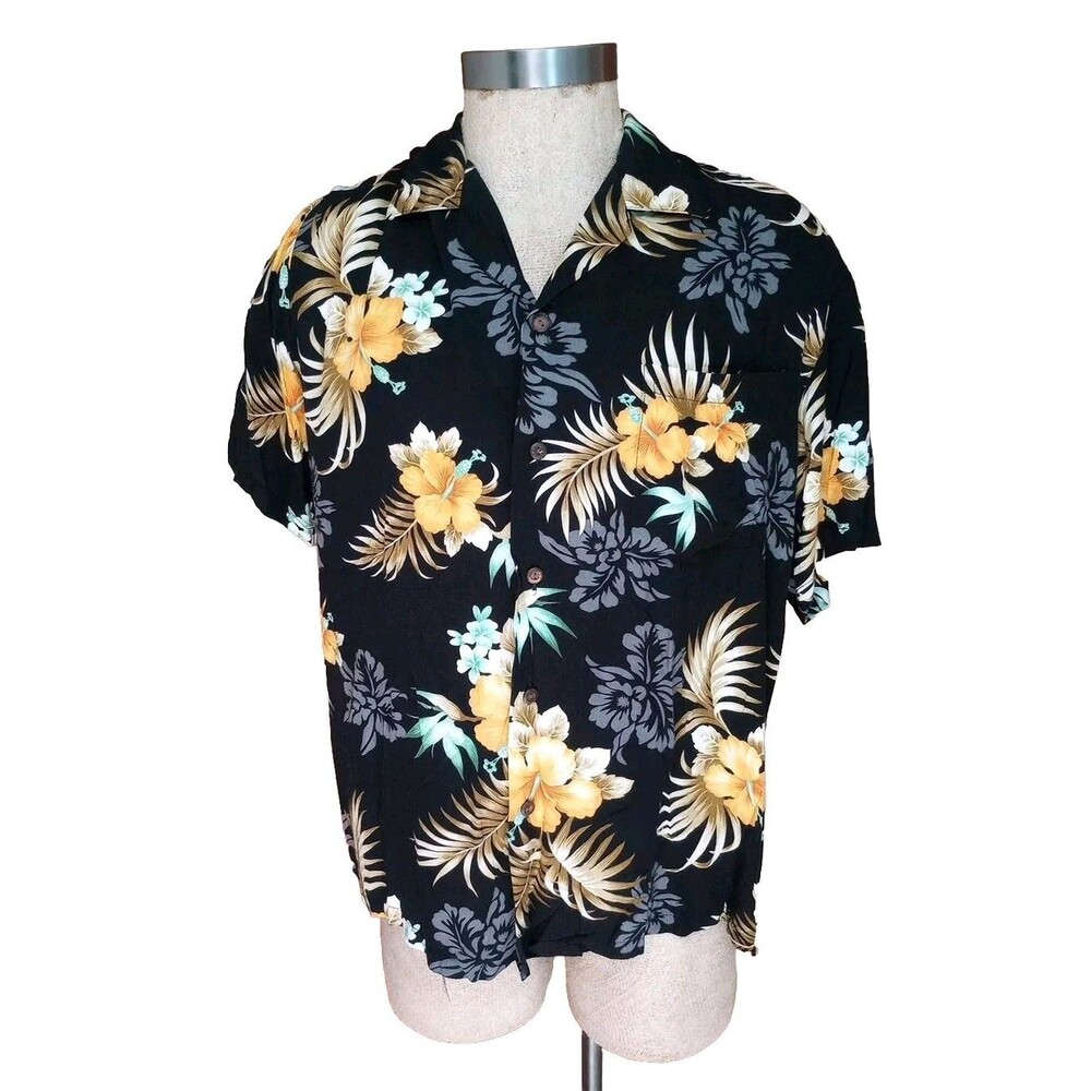 Two Palms Hawaiian Shirt Men L Short Sleeve Button Up Black Orange Floral Pocket